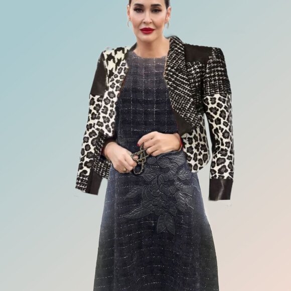 UDEL Velvety Textured Plaid Tweed Floral Applique Sleeveless Dress Jumper Sz M - Picture 3 of 6